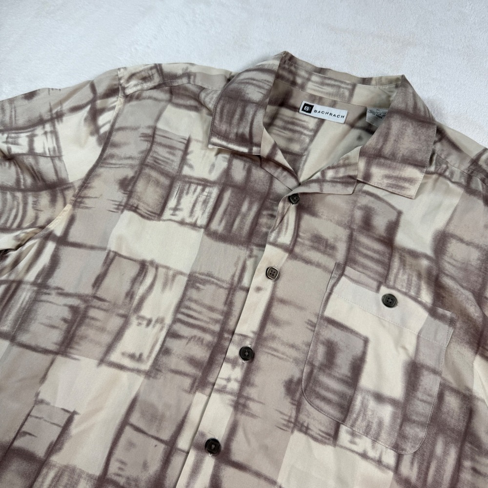 Bachrach Mens 100% Silk Abstract Block Print Short Sleeve Camp Shirt Tan Brown M